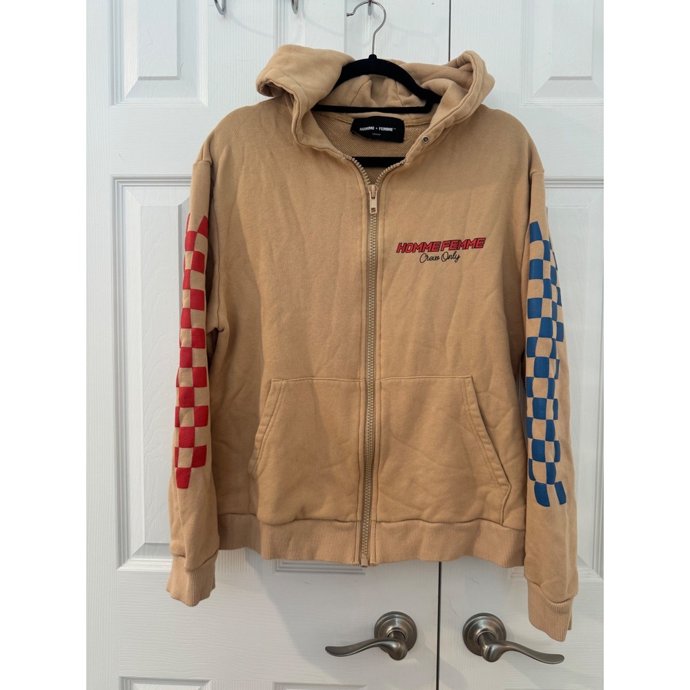 Homme Femme 500 Racing Zip Up Hoodie Tan Mens Medium Checkerboard Streetwear - Picture 2 of 12